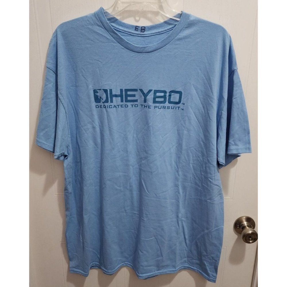 HEYBO Outdoors Hunting Fishing Blue Spell Out Logo Short Sleeve T Shirt Size XL